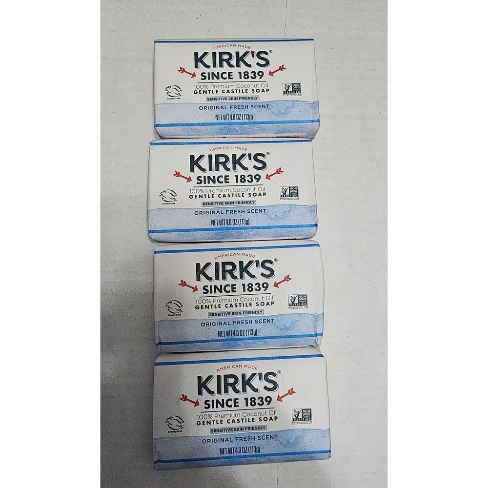 Lot of‎ 4 Kirk's Original Coco Castile Soap 4 oz Bars All Natural Coconut Oil